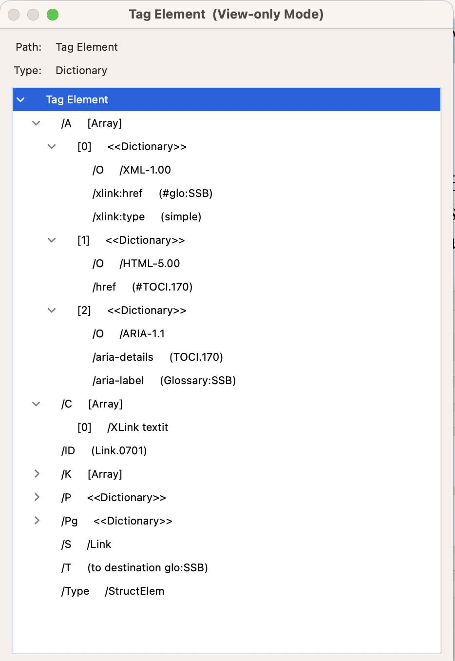 Acrobat dialog showing SSB tag attribute dictionaries